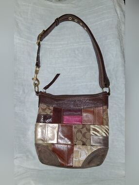 Coach Patchwork Shoulder Bag in Brown with Pink Accent